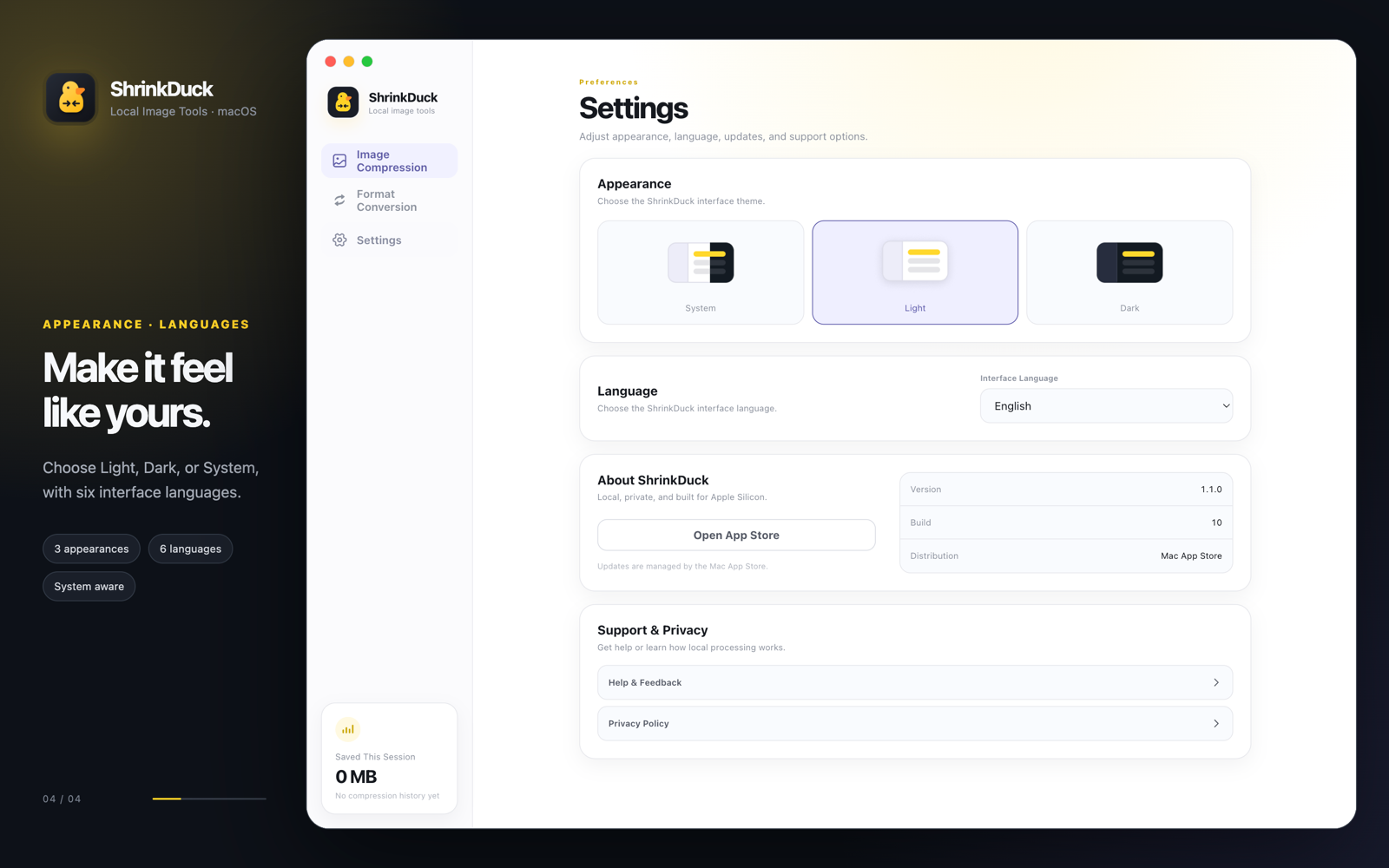 Appearance and interface language settings in ShrinkDuck