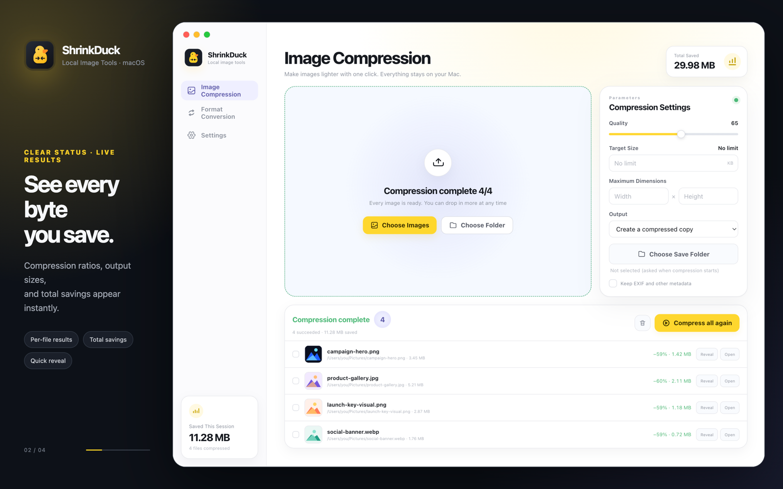 ShrinkDuck showing a completed image compression task