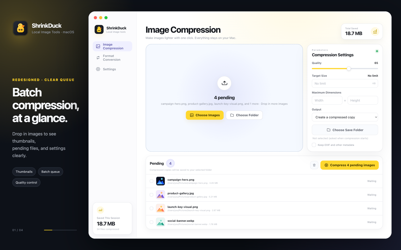 ShrinkDuck with four images ready for compression